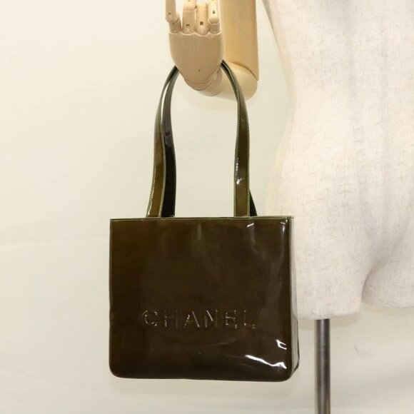 CHANEL Hand Bag Enamel Khaki CC Auth - Picture 1 of 15